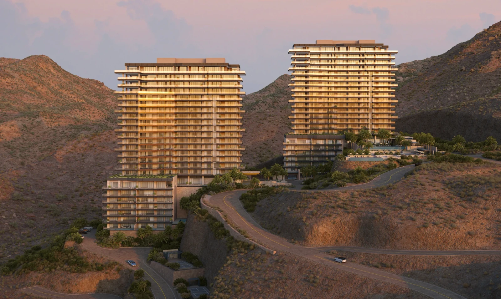 Four Seasons Private Residences Las Vegas — official architectural rendering of both towers at sunset